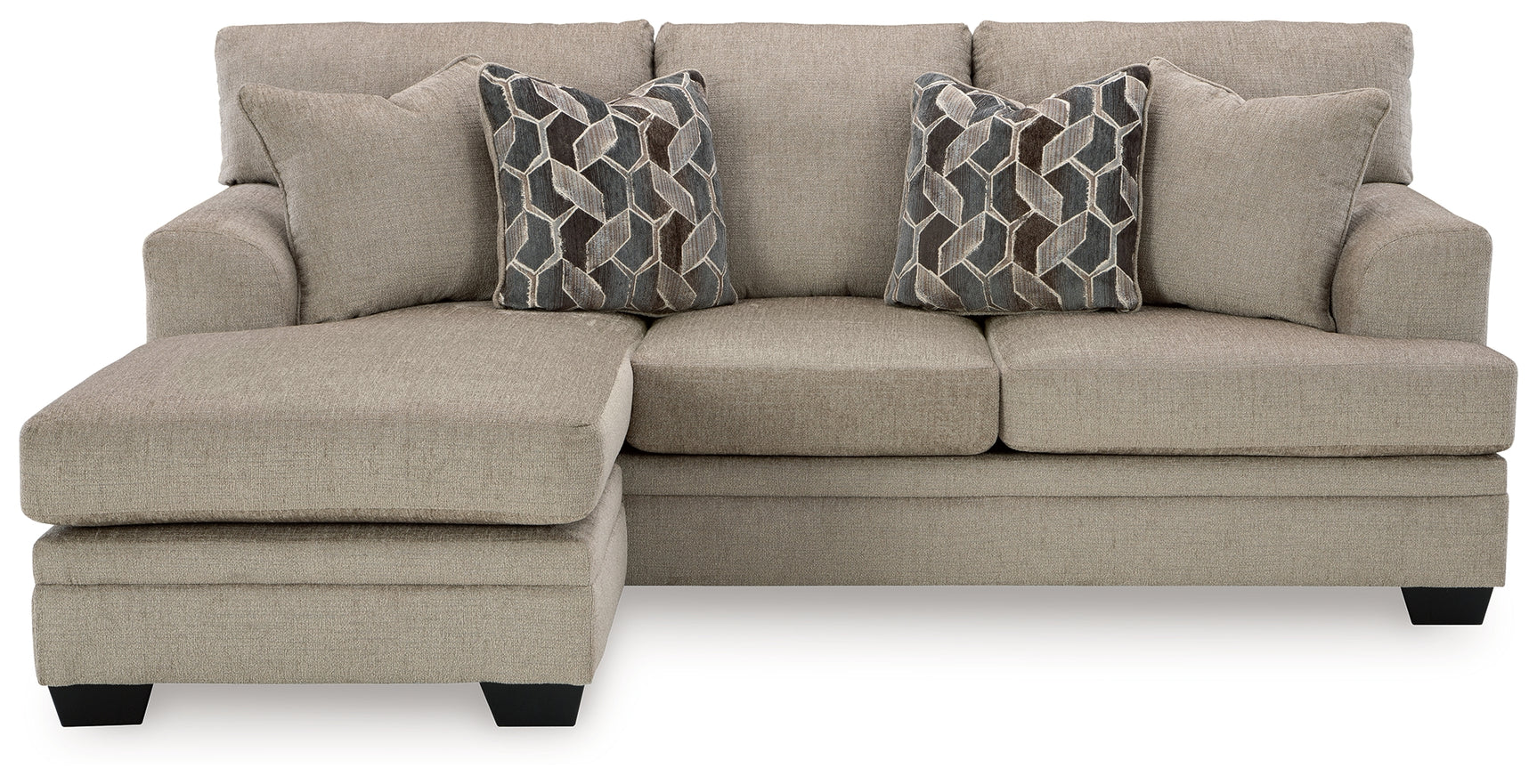 Chair and ottoman side angle in taupe fabric