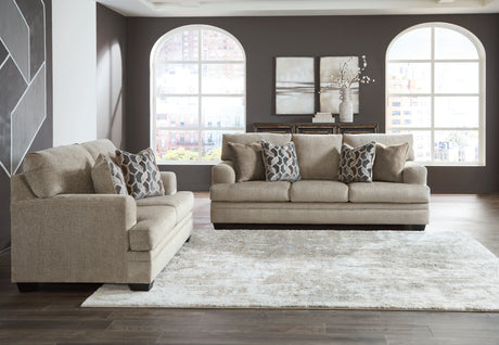 Stonemeade taupe sofa, loveseat, chair and ottoman set front view
