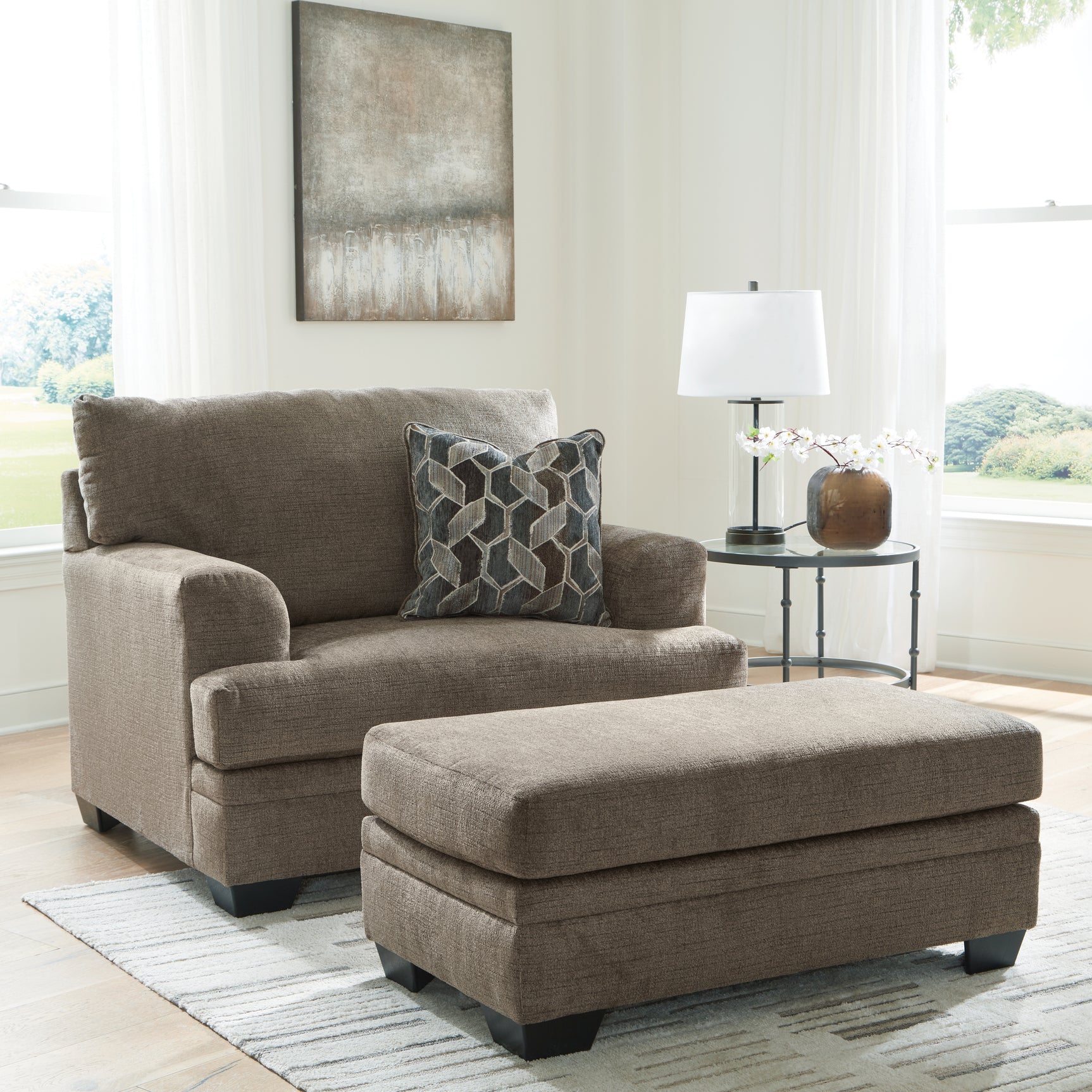 Stonemeade Nutmeg Sofa, Loveseat, Chair, and Ottoman set angled view
