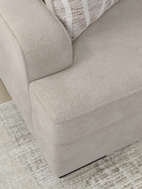 Close-up detail of chenille fabric upholstery and stitching