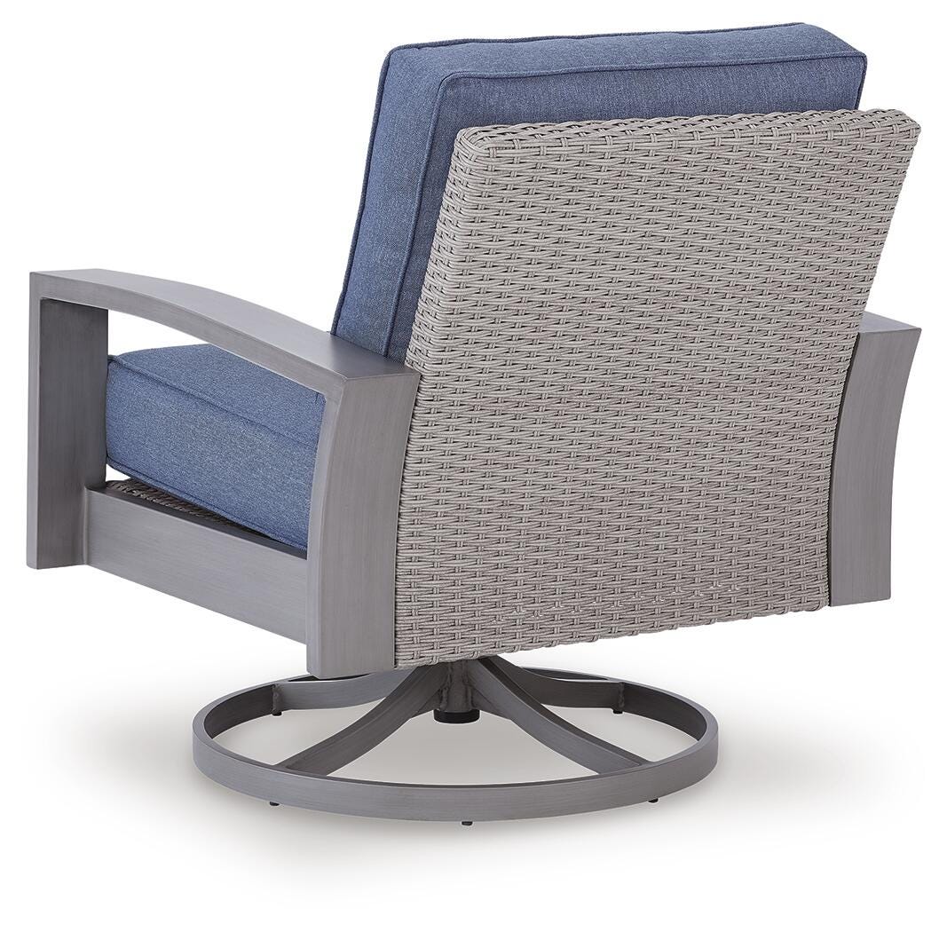 Half Blue/Gray Moon Beach Outdoor Sofa with 2 Lounge Chairs — back view