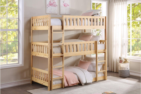 Bartly Natural Pine solid wood triple bunk bed front angle