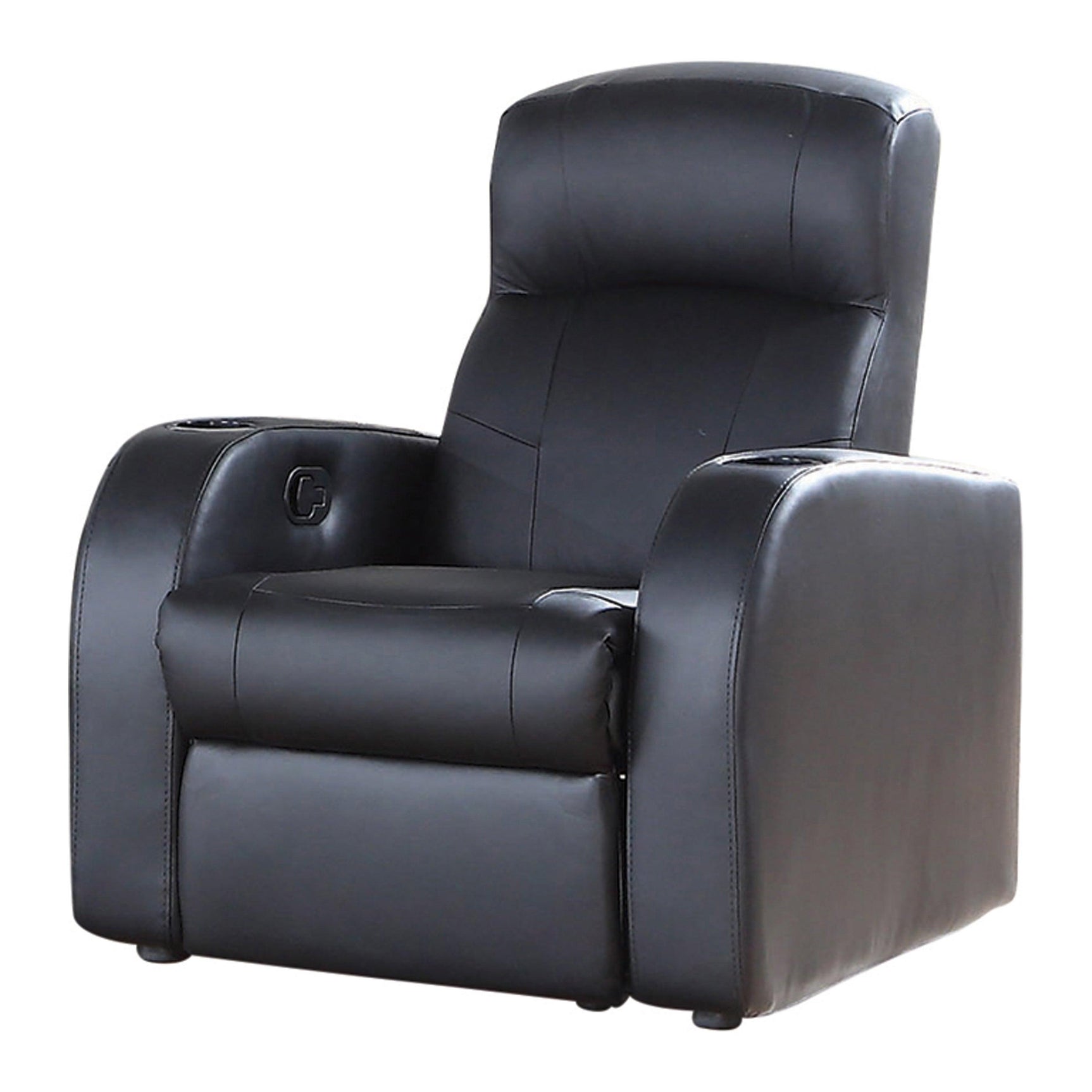 Close-up of Cyrus black leather recliner with cup holder