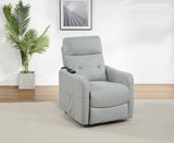 Close-up of recliner arm with light grey upholstery