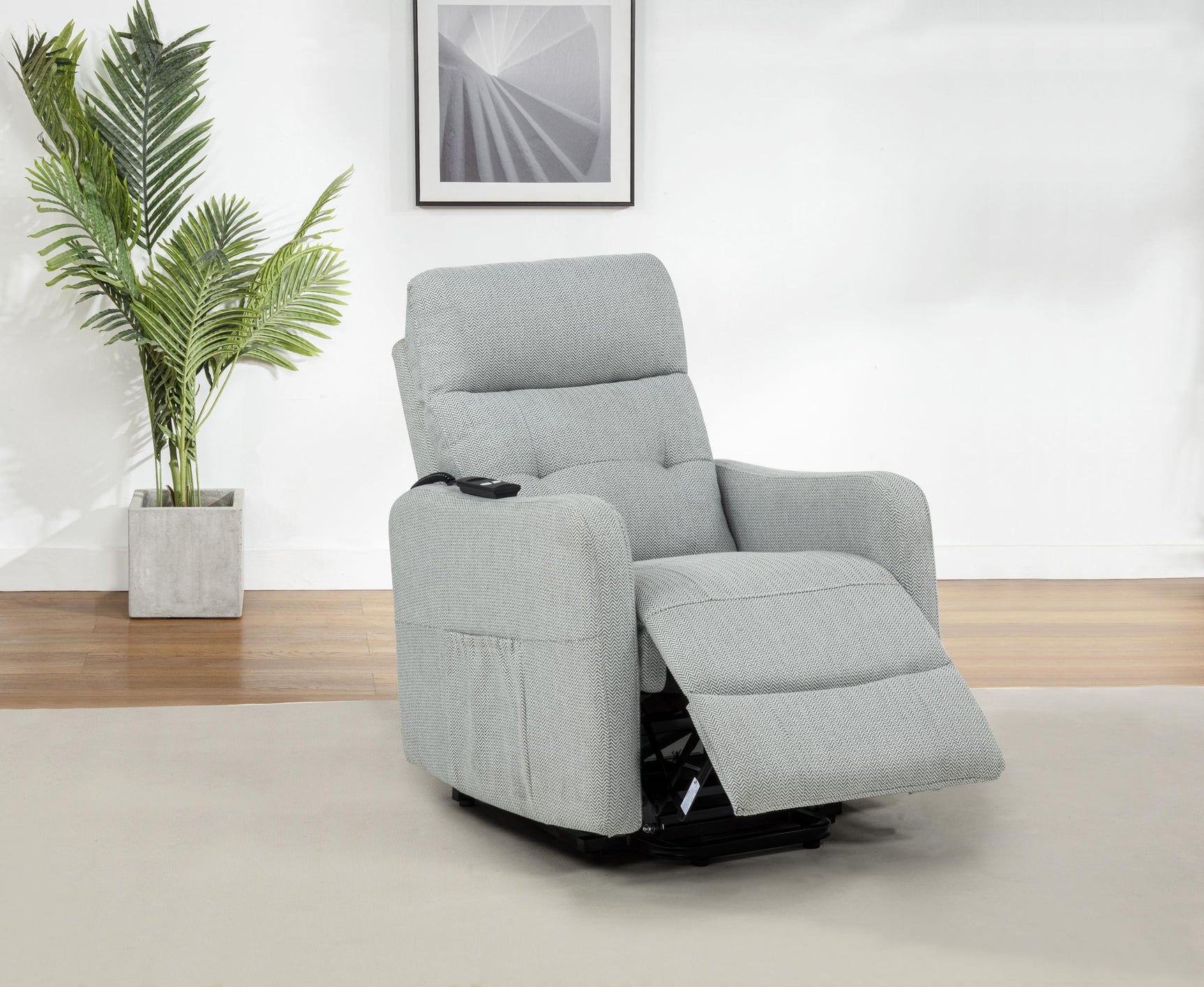 Side view of Dayes power lift recliner chair showing controls