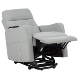 Dayes upholstered power lift recliner chair in light grey, front angle