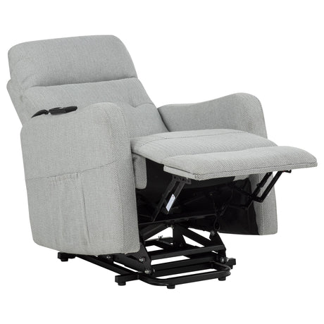 Dayes upholstered power lift recliner chair in light grey, front angle