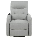 Dayes upholstered power lift recliner chair in light grey, front angle