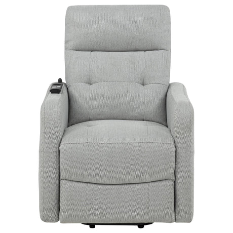 Dayes upholstered power lift recliner chair in light grey, front angle