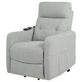 Dayes upholstered power lift recliner chair in light grey, front angle