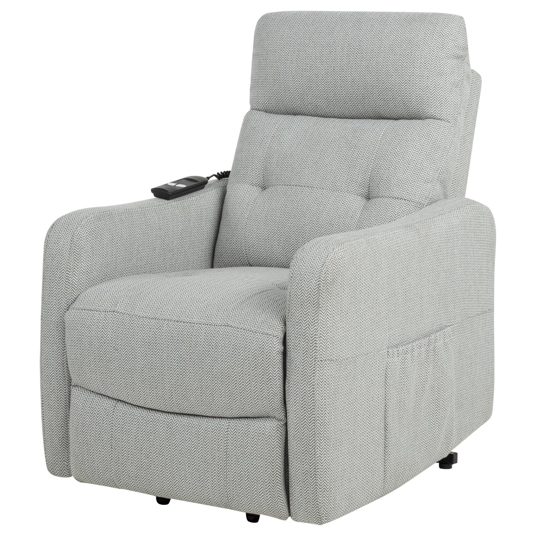 Dayes upholstered power lift recliner chair in light grey, front angle