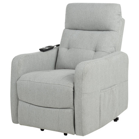 Dayes upholstered power lift recliner chair in light grey, front angle