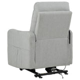 Dayes upholstered power lift recliner chair in light grey, front angle