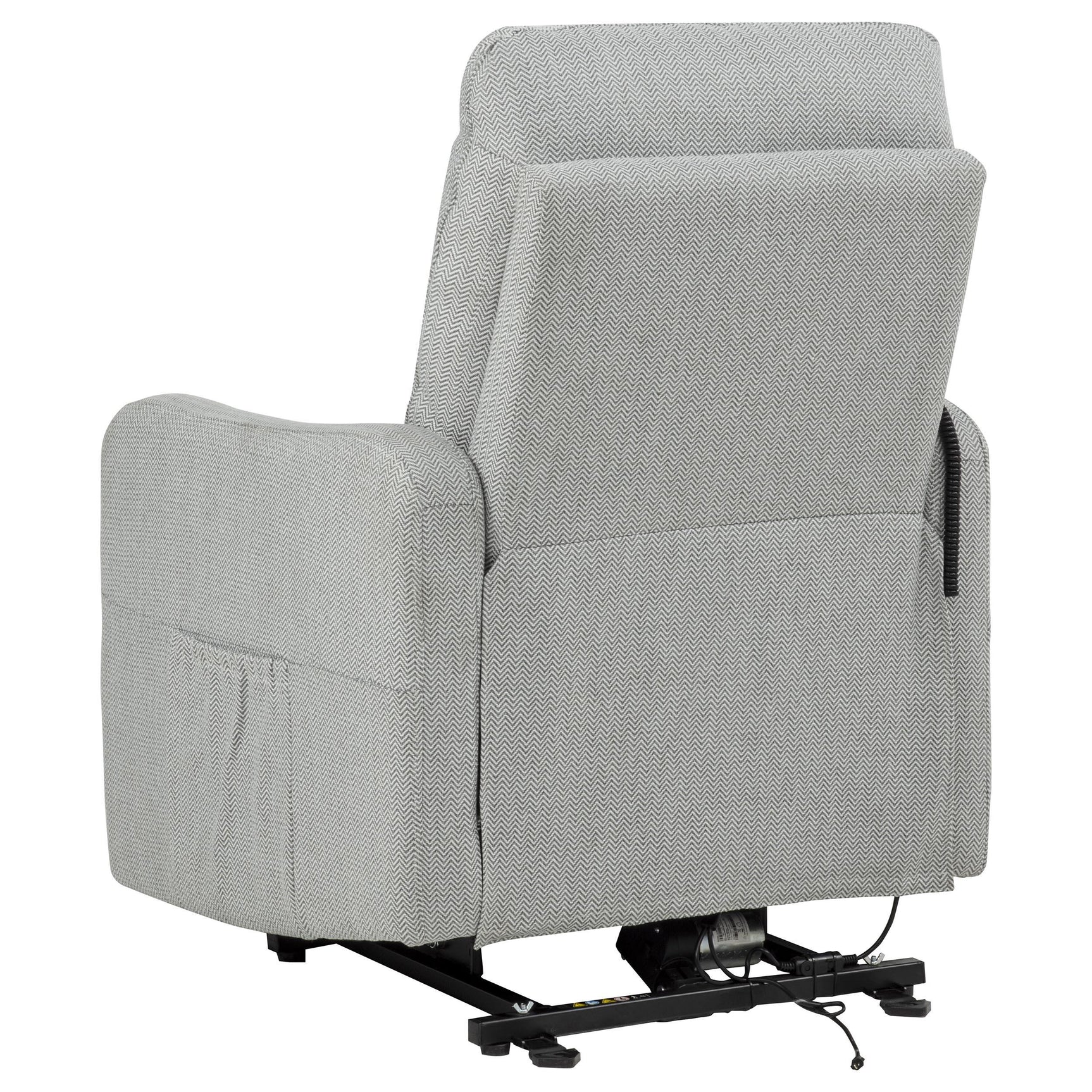 Dayes upholstered power lift recliner chair in light grey, front angle