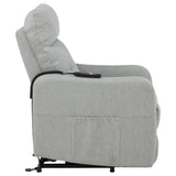 Dayes upholstered power lift recliner chair in light grey, front angle