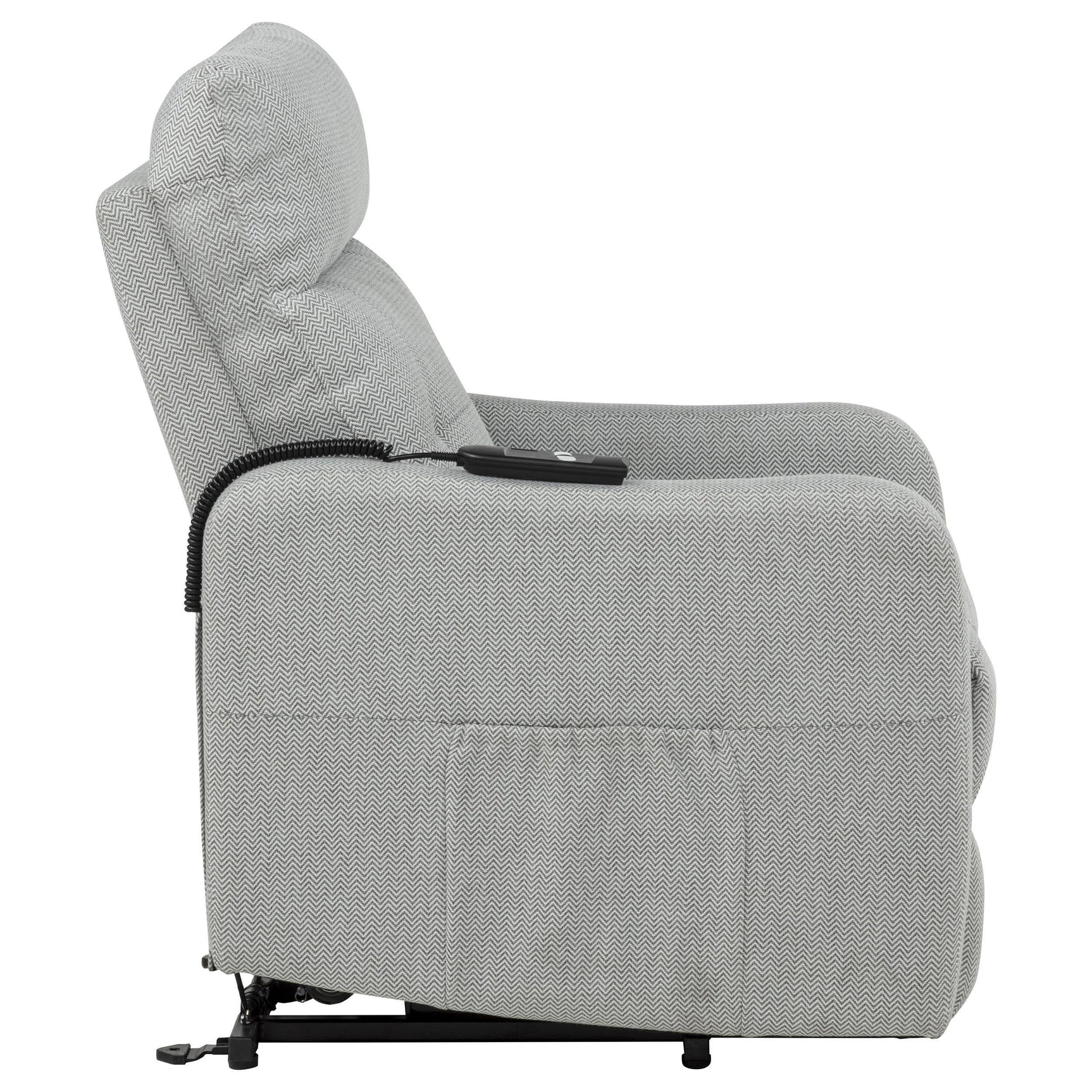 Dayes upholstered power lift recliner chair in light grey, front angle