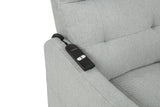 Dayes upholstered power lift recliner chair in light grey, front angle