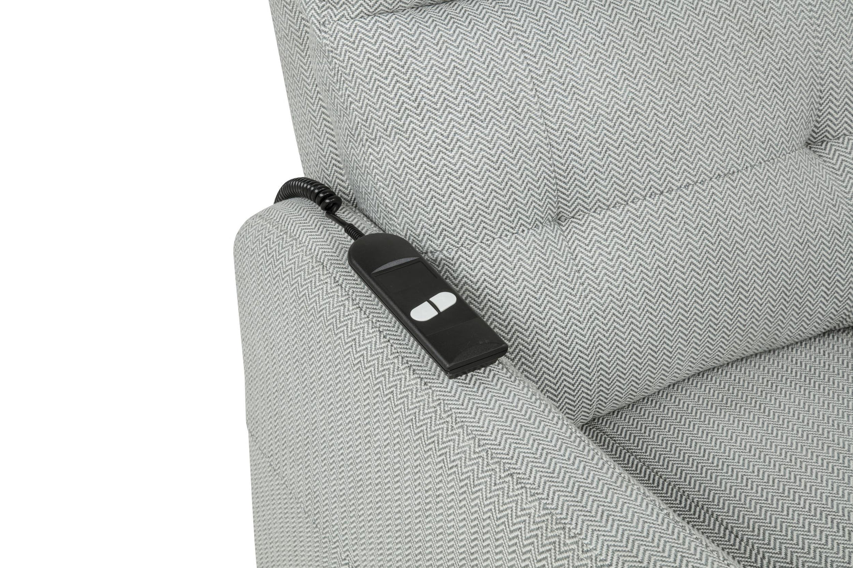 Dayes upholstered power lift recliner chair in light grey, front angle