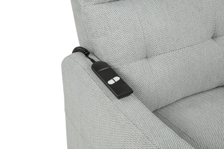 Dayes upholstered power lift recliner chair in light grey, front angle