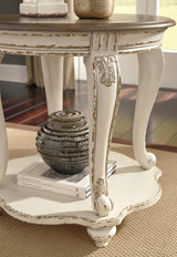 Realyn White/Brown Coffee Table with 2 End Tables — detail view