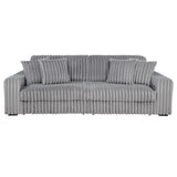 Detail of grey corduroy upholstery on Jacana sofa