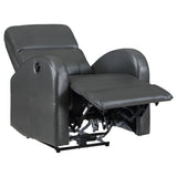 Close-up of grey leatherette upholstery and stitched details on Grant recliner