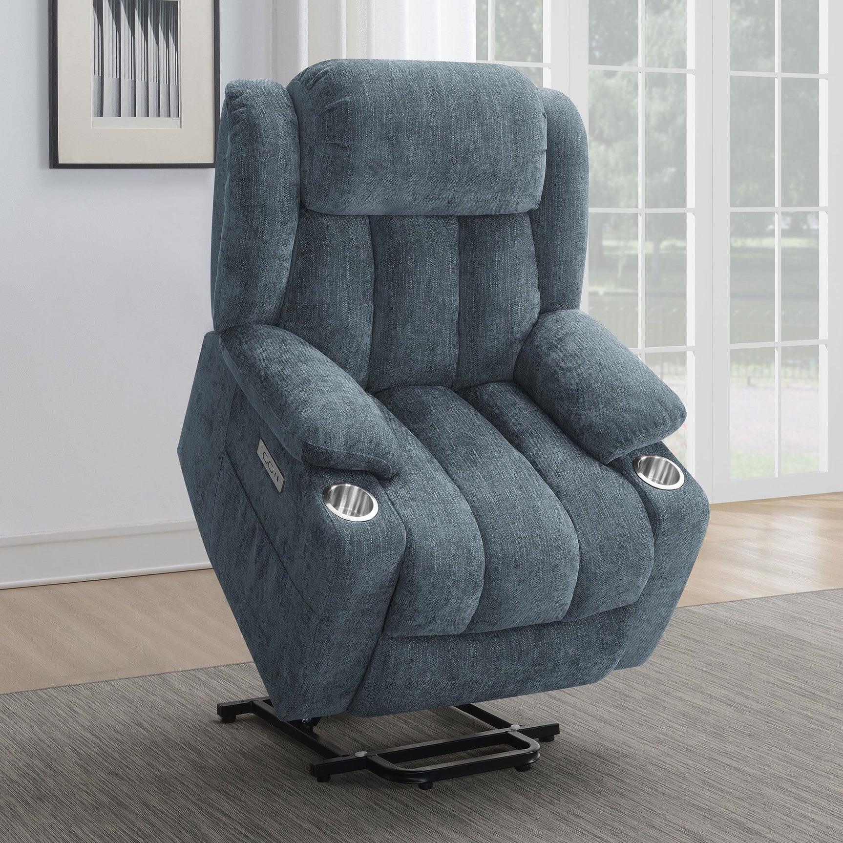Recliner cupholders and armrest in slate blue fabric