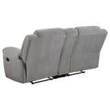 Living room setting with Grimm gray sofa and loveseat