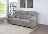 Side view of Grimm Gray Manual Reclining Sofa upholstery and storage compartment
