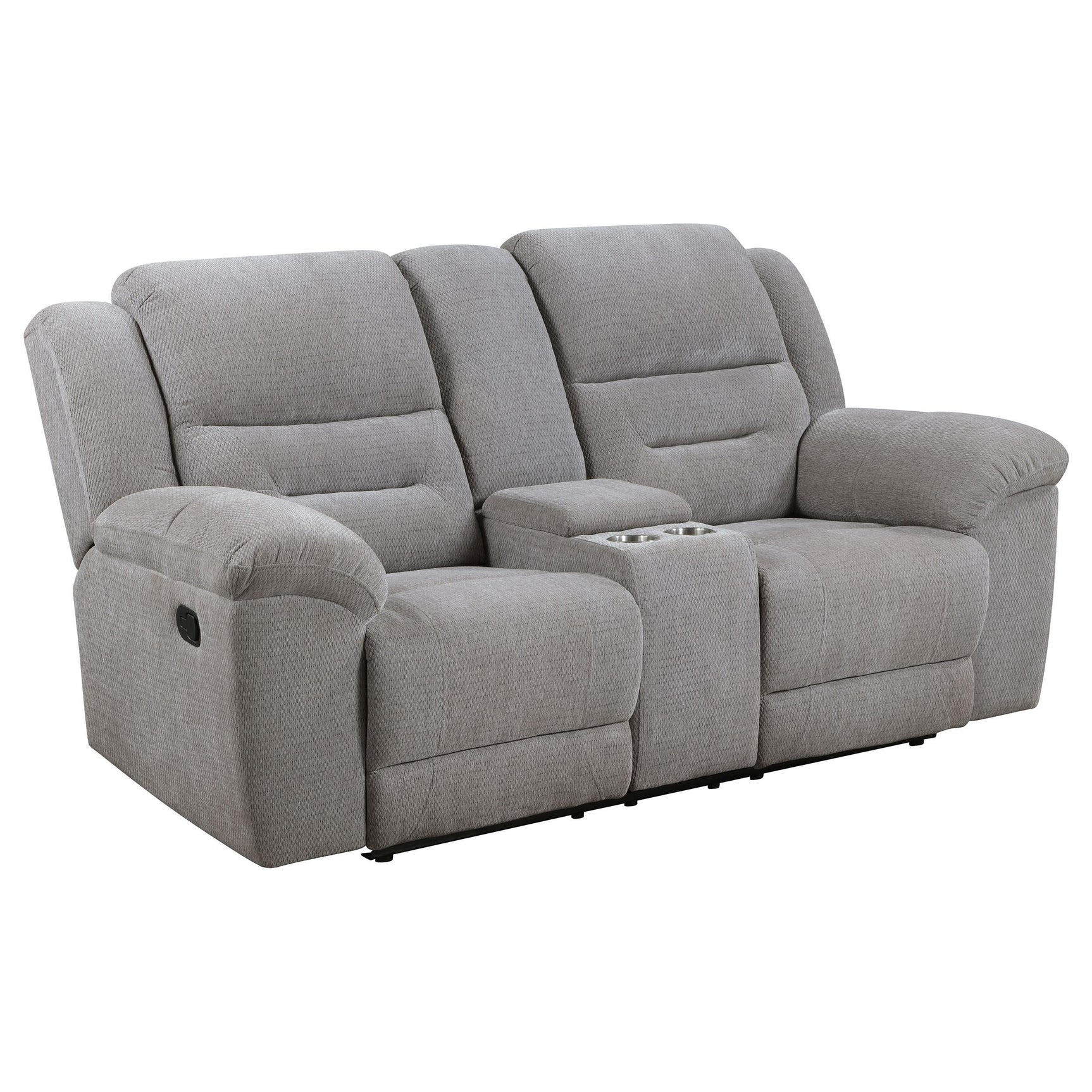 Removable stainless steel cup holders on loveseat