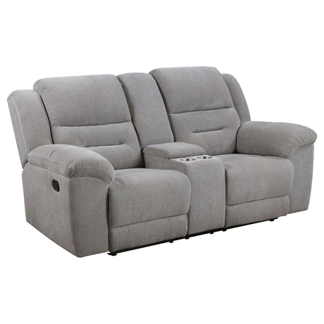 Removable stainless steel cup holders on loveseat