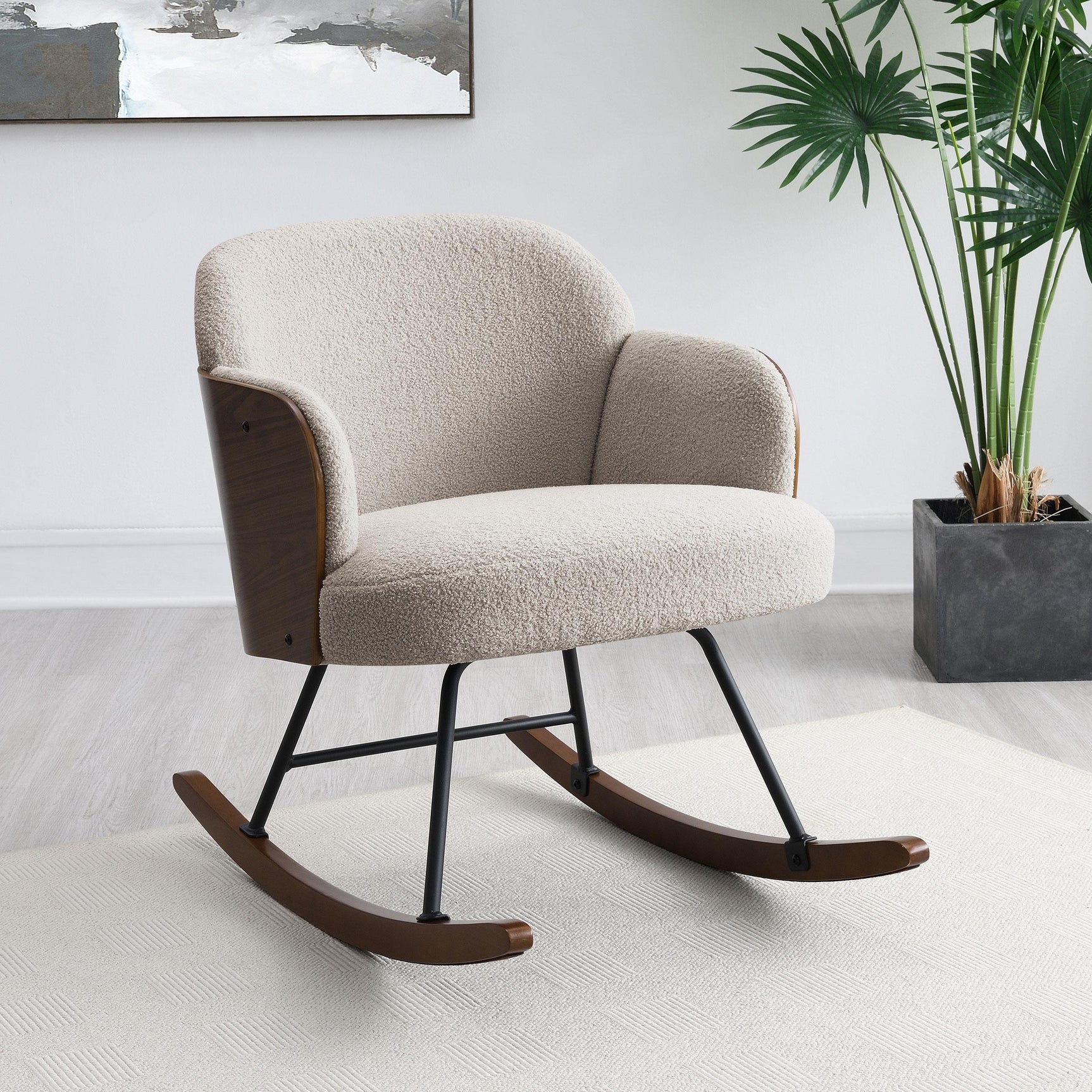 Paige Boucle rocking chair side view in beige upholstery