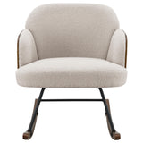 Close-up of beige boucle fabric upholstery on Paige rocking chair