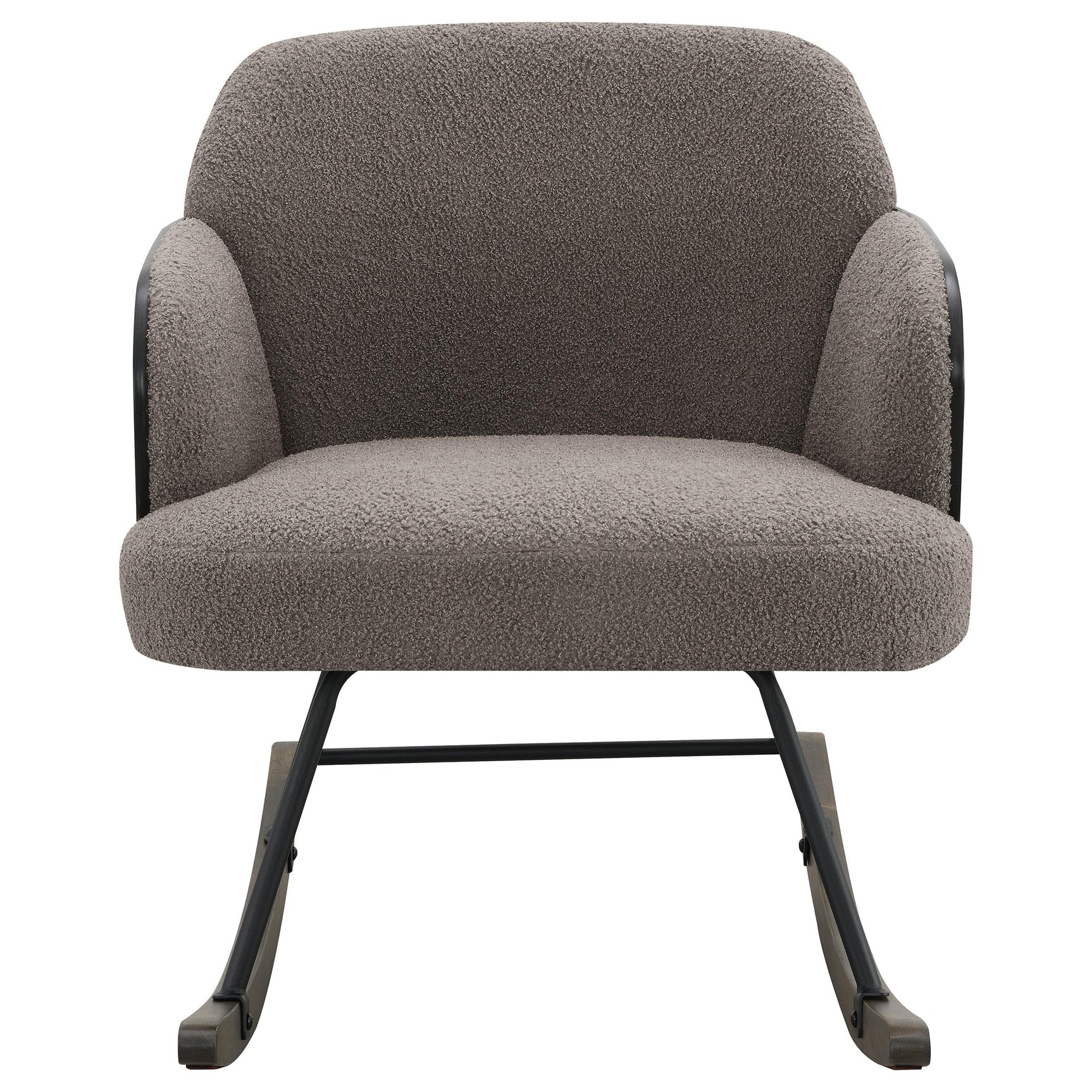 Close-up of taupe boucle upholstery on rocking chair