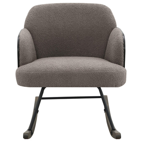Close-up of taupe boucle upholstery on rocking chair