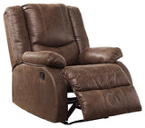 Reclining angle of Bladewood Coffee Faux Leather Recliner chair