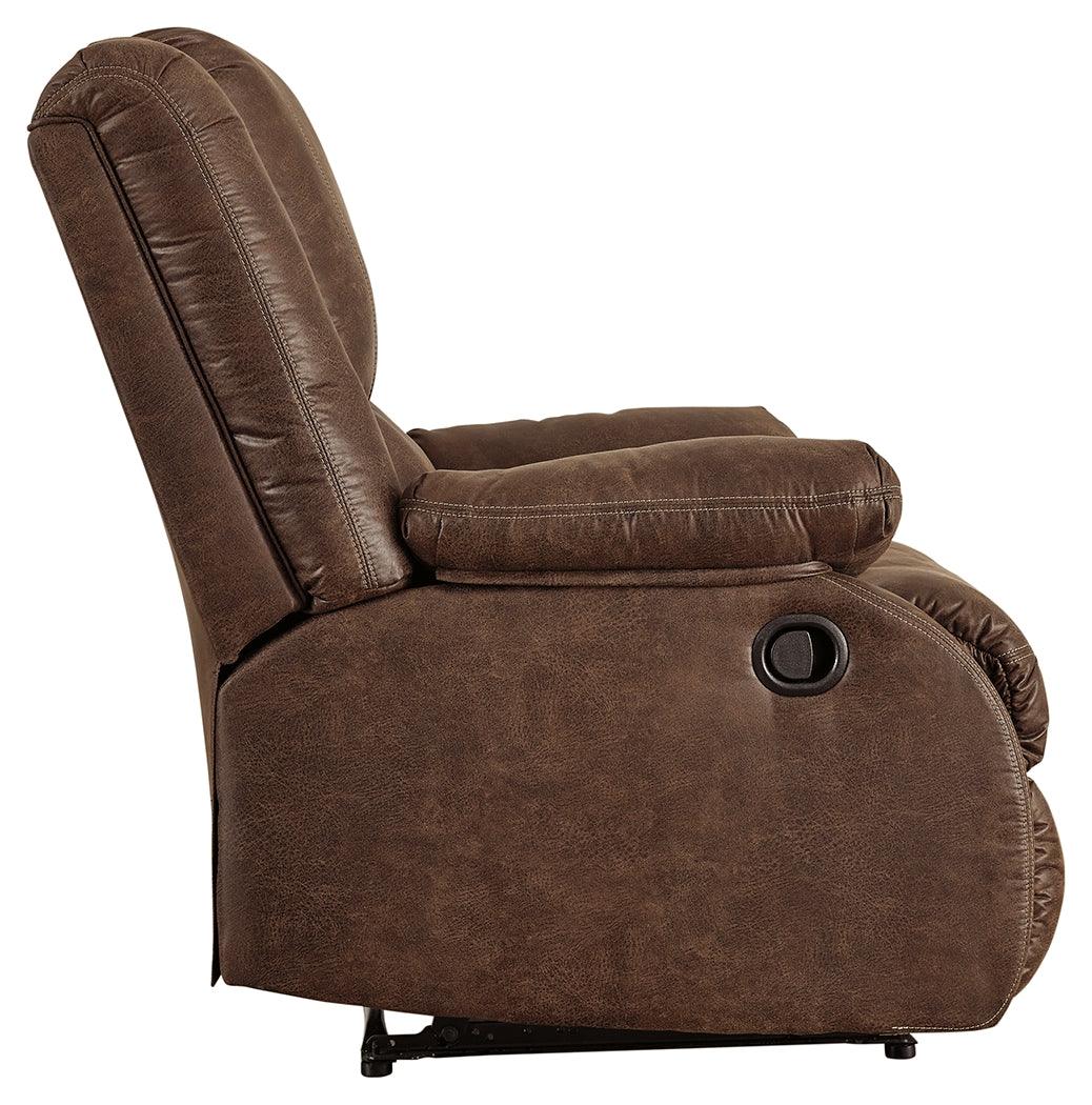Reclined position showing Bladewood Coffee Faux Leather Recliner