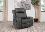 Side view of Raelynn grey power lift recliner with remote pocket