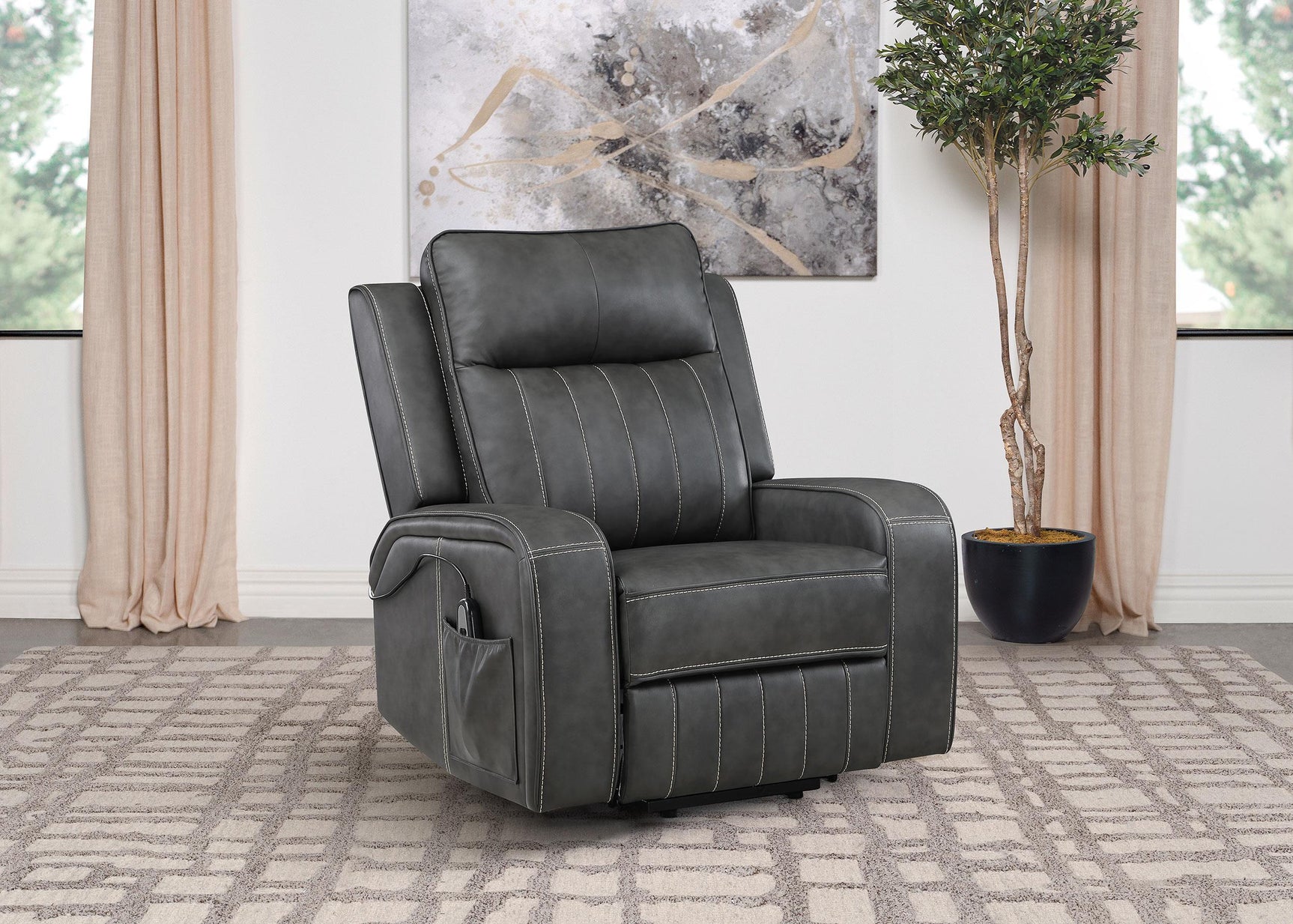 Side view of Raelynn grey power lift recliner with remote pocket