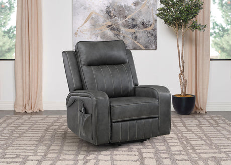 Side view of Raelynn grey power lift recliner with remote pocket