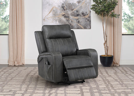 Raelynn recliner chair showing control remote on side