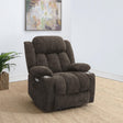 Side angle of Houston dark brown upholstered power lift recliner chair