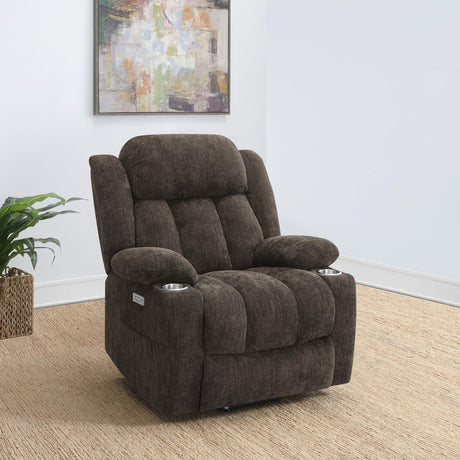 Side angle of Houston dark brown upholstered power lift recliner chair
