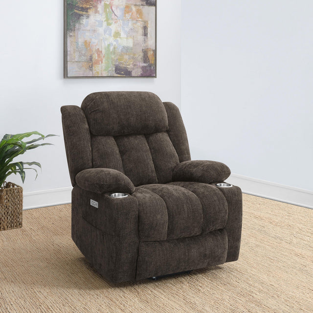 Side angle of Houston dark brown upholstered power lift recliner chair