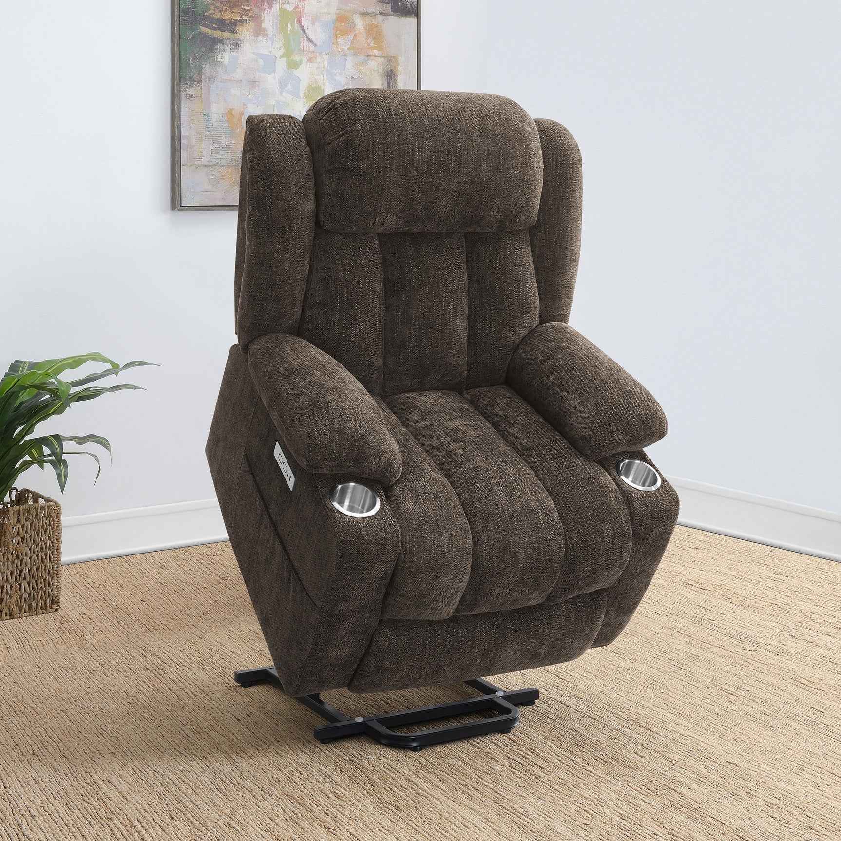 Close-up of dark brown fabric upholstery on Houston recliner