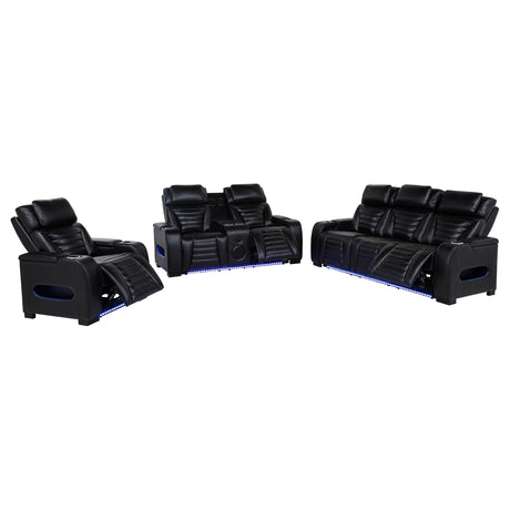 Zuma 3-piece black faux leather reclining sofa set side detail