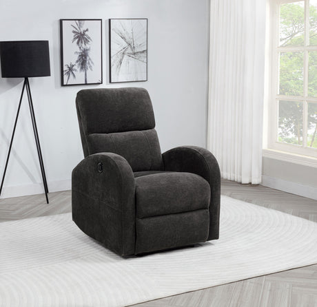 Grant Power Recliner side view in charcoal grey fabric