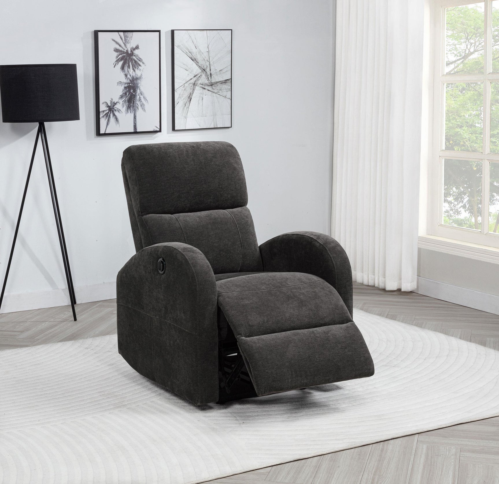 Close-up of Grant recliner arm with fabric upholstery