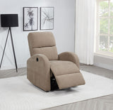 Close-up of camel fabric upholstery and topstitching on recliner