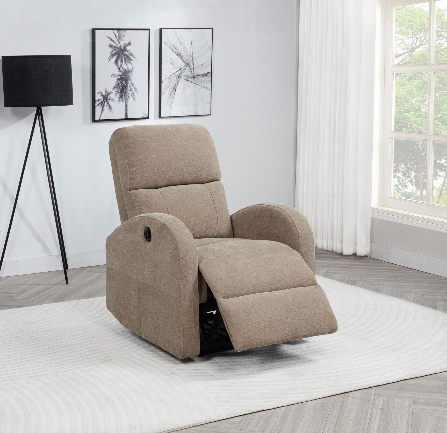 Close-up of camel fabric upholstery and topstitching on recliner